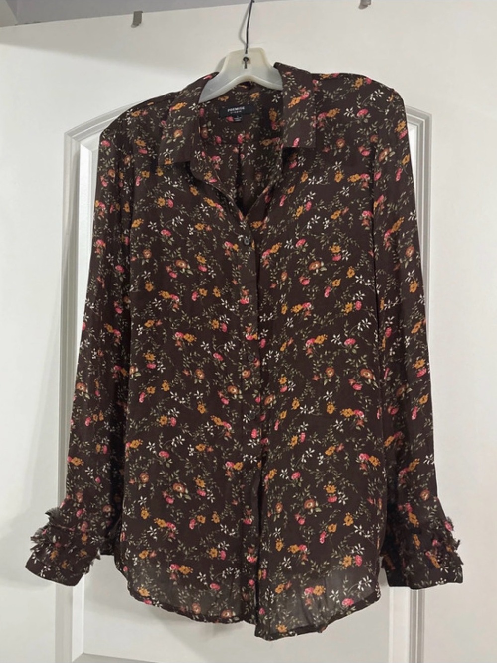 Premise Brown Floral Button-Front Blouse with Ruffle Cuffs